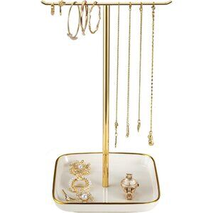 Jewelry Holder Stand with Ceramic Base: 12" Tall Necklace Organizer Rack, Tree D